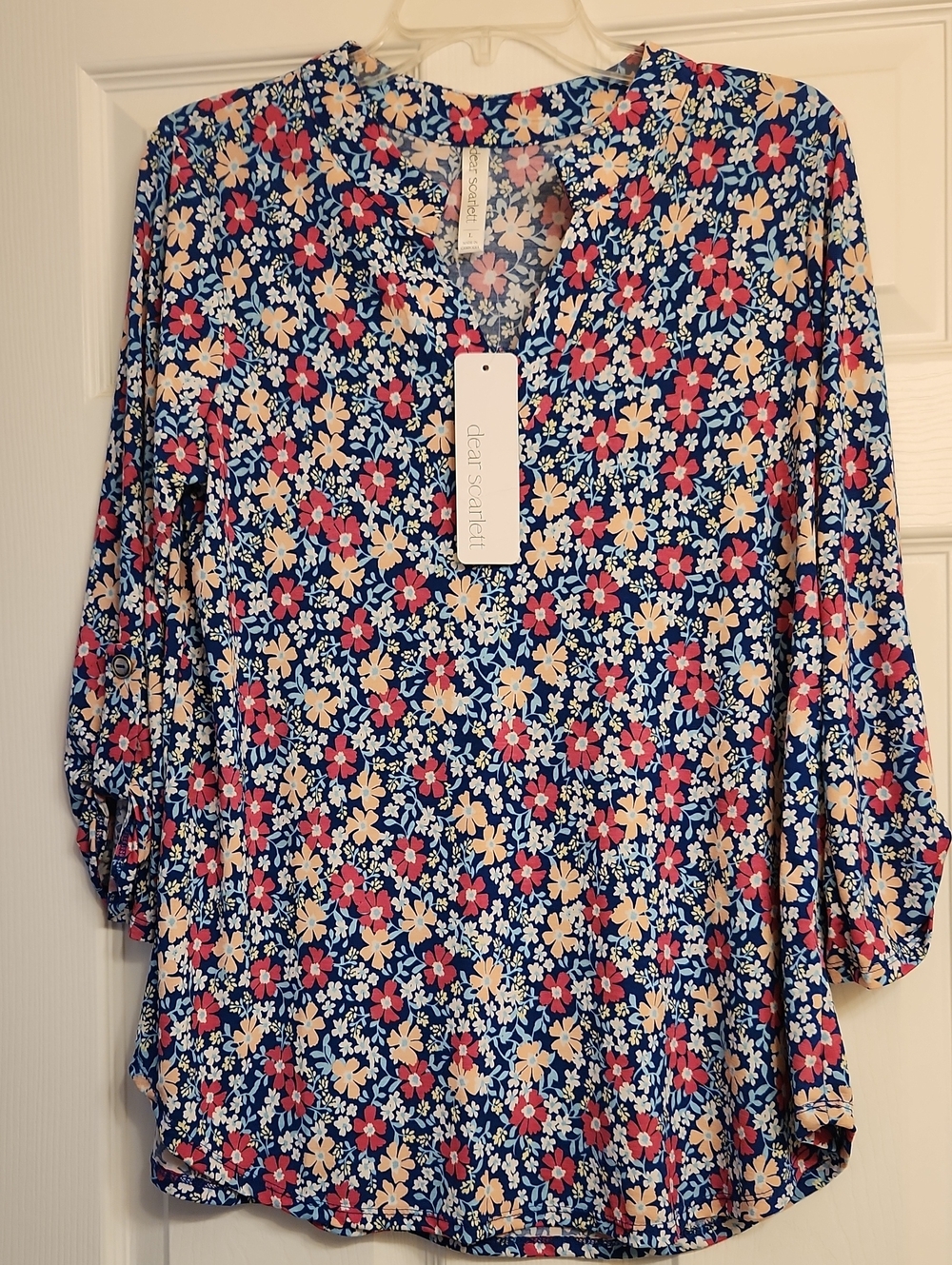 Scarlett Blue Floral V-Neck Blouse with Pink, Cream, White